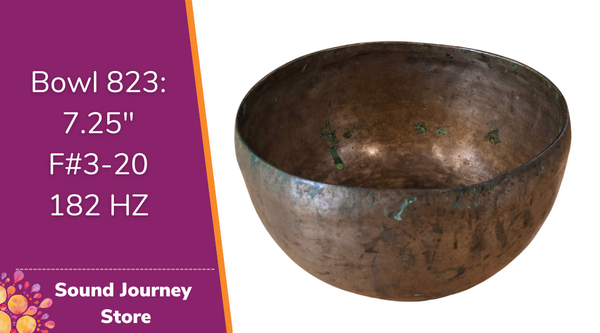 Bowl 823: 7.25" Antique Himalayan Singing Bowl 182 HZ F#3-28