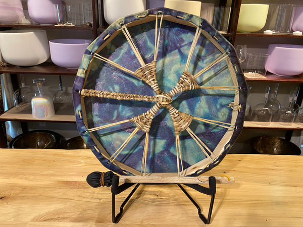 19" Purple Aqua Tan Elk Skin Pine Frame 13 Moon Hand Drum