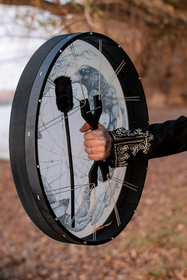 16", 18", 20", 24" and 28"  Shaman's Raven with Woman Vegan Tunable Hand Drum