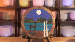“Tranquility” 17 inch Deer Painted Indigenous Hand Drum: To love yourself and all living beings is peace & tranquility. (The Deer is under the Little Dipper) 